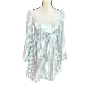 NWT Gianni Bini Kennedy Gingham Long Sleeve Babydoll Dress Green Ivory Size 6